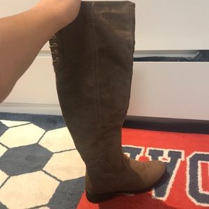 brown knee high boots with lace up and side zipper